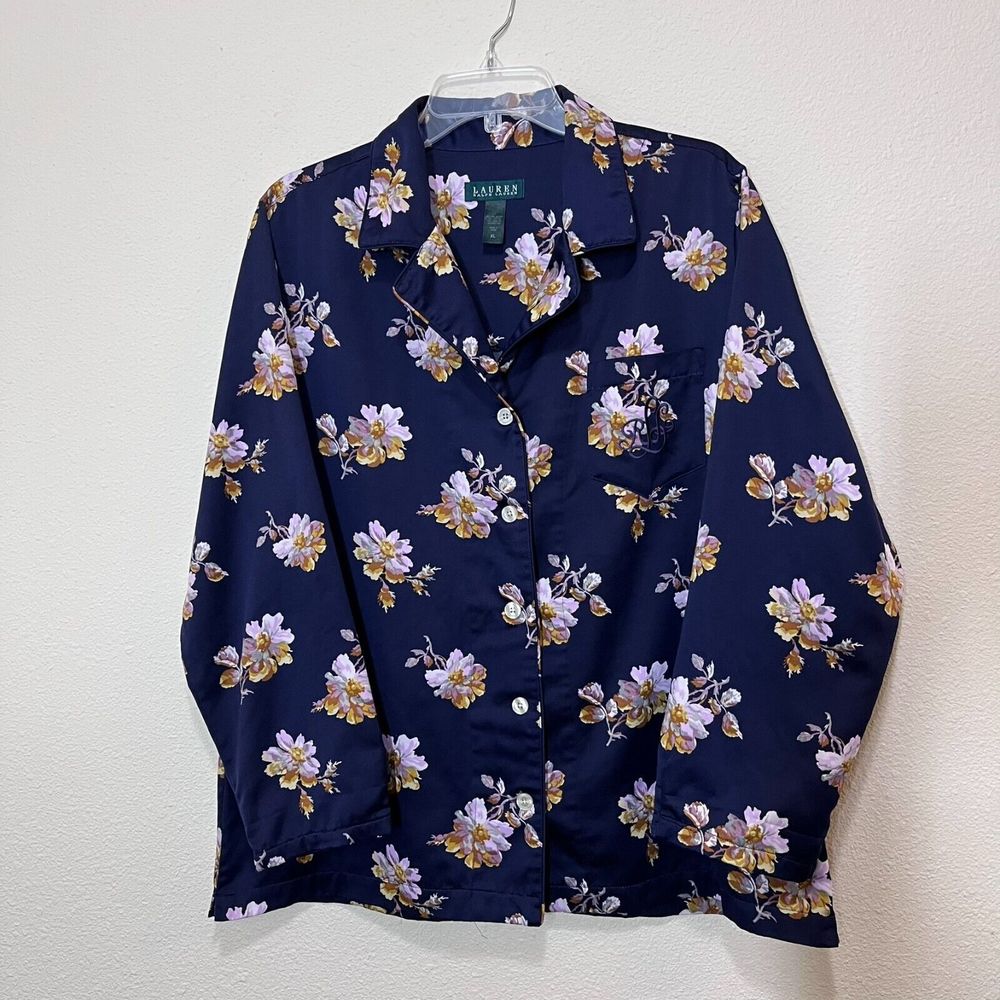 Lauren Ralph Women Pajama Top Size XL Blue Floral Button Up Embroidered LRL Logo